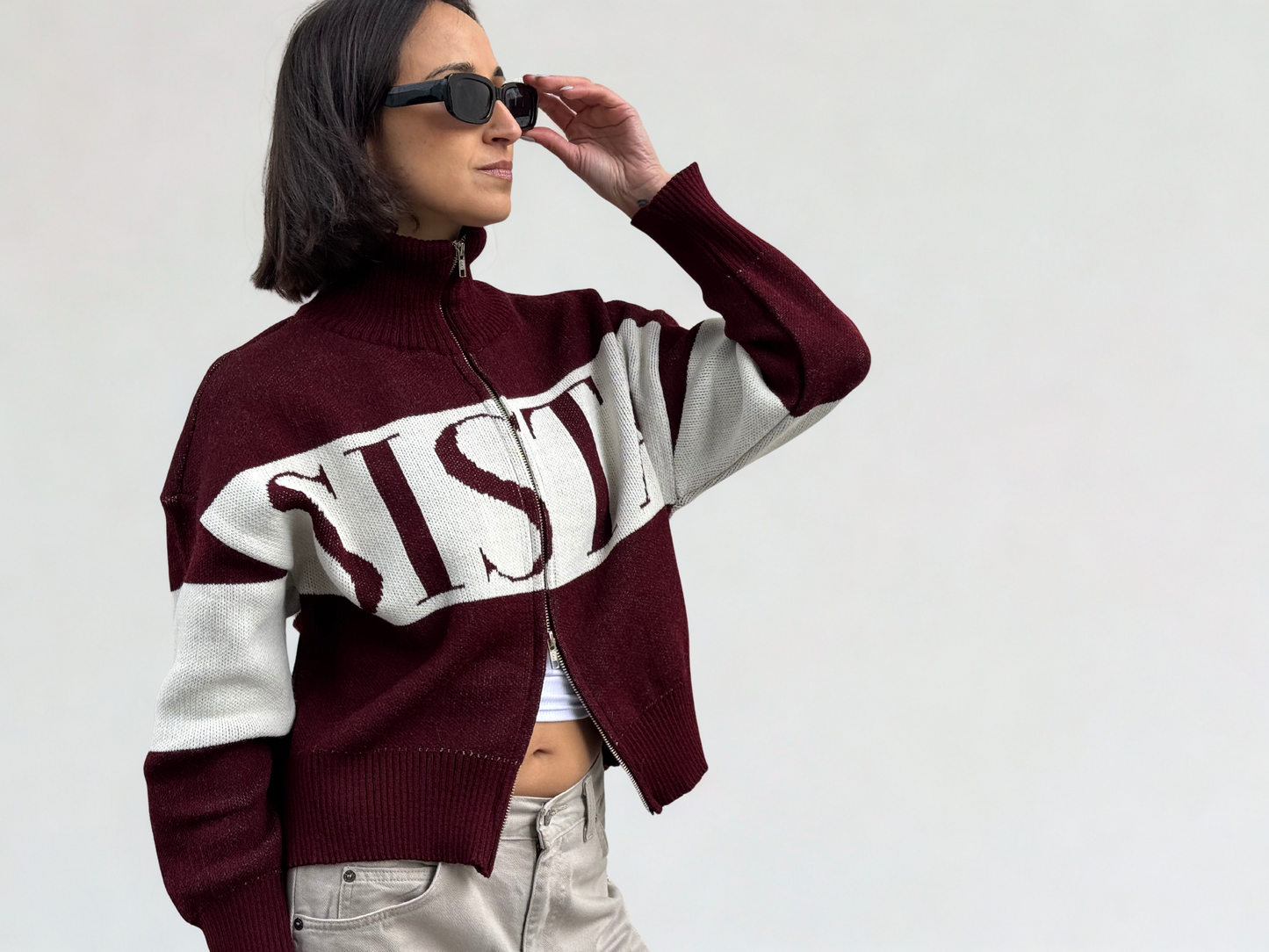 Sweater Sista Doble Zipper Burgundy
